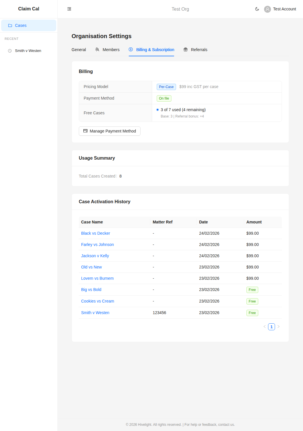 Billing tab showing free cases breakdown with base and referral bonus