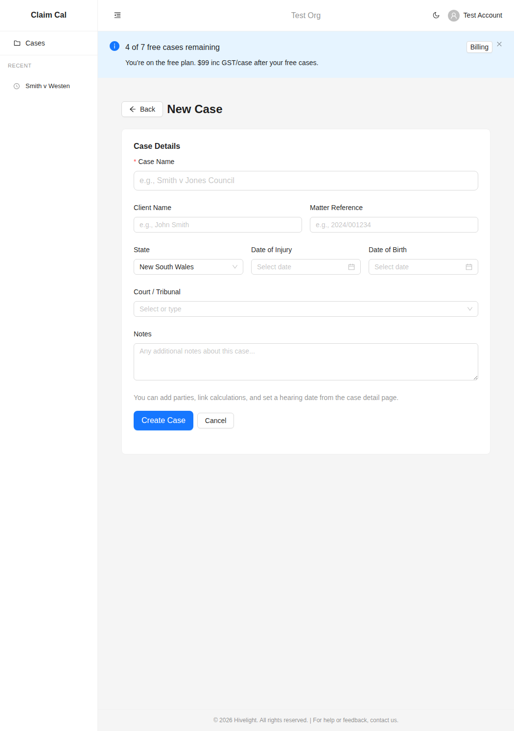 New case form with fields for case name, client, matter reference, state, dates, court, and notes